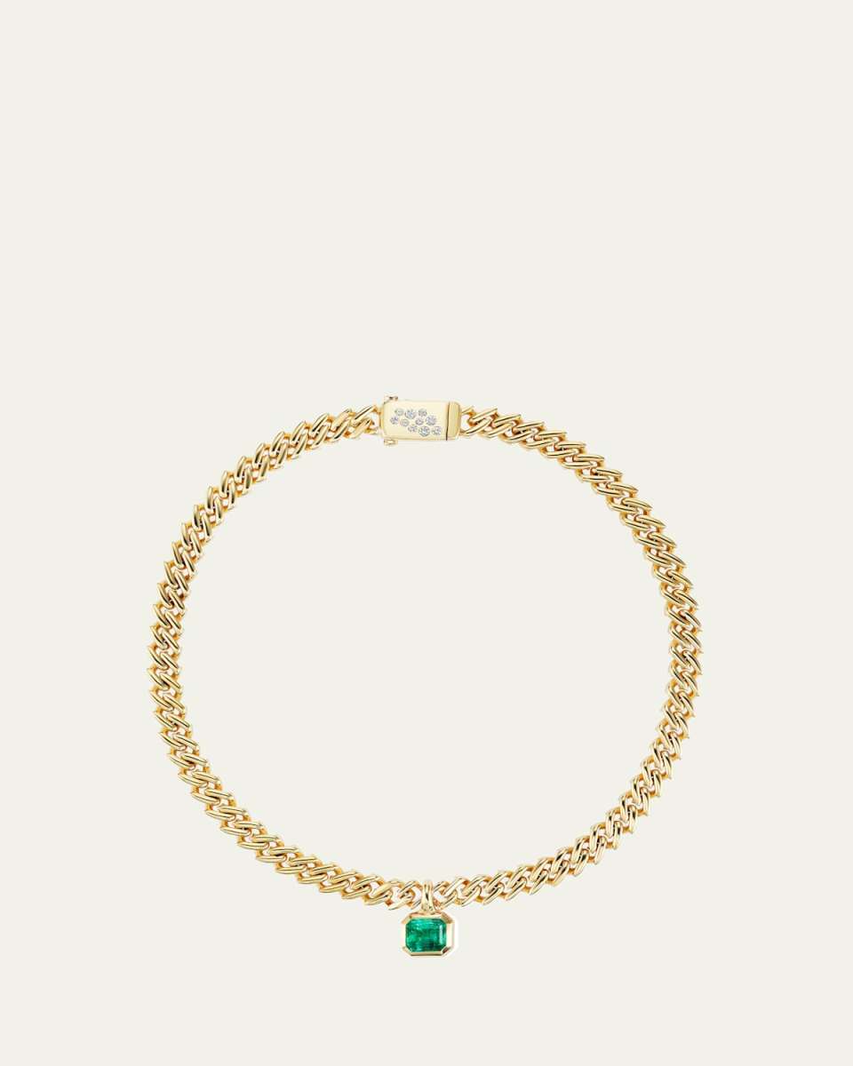 18K Yellow Gold Curb Chain Necklace with Diamonds and Emerald